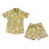 My Little Belleville Gold Porto Two Piece Shorts & Button Up Set ,willow Print, Romper, Play Set In Gold