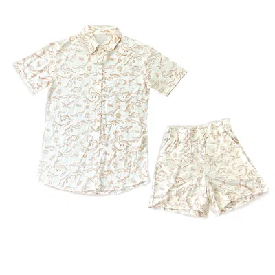 My Little Belleville White Porto Two Piece Shorts & Button Up Set, Activist Dino Print, Romper, Play Set