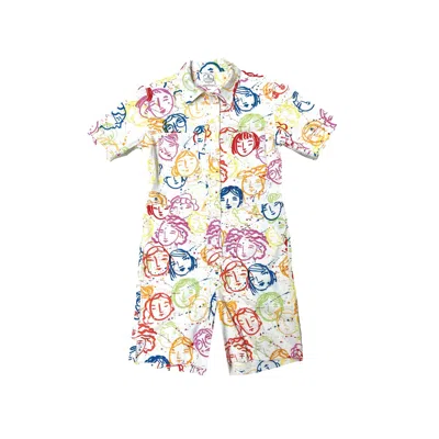 My Little Belleville Women's Bowie Rainbow Faces Shortalls, Romper In Orange