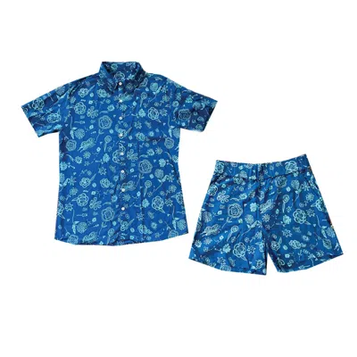 My Little Belleville Women's Unisex Porto Two Piece Shorts & Button Up Set, Blue Floral Print, Romper, Play Set
