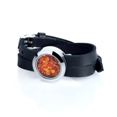 My Little Nature Women's Black / Yellow / Orange Sustainable Leather Bracelet With Natural Amber – Designer Jewelry -