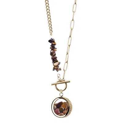 My Little Nature Women's Brown / Gold Tiger's Eye  Necklace – With Gold Plated Toggle Clasp Beaded Chain - Tiger's Ey In Multi