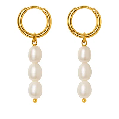 My Little Nature Women's Dangle Freshwater Pearls Earrings With Three Pearls And Gold Plated Hoops