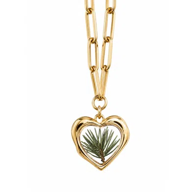 My Little Nature Women's Gold / Green Heart Shape Necklace For Her With Pine Neredless - Gold Plated Necklace In Gold/green