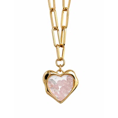 My Little Nature Women's Gold / Pink Gold Plated Necklace With Rose Quartz Crystals - Heart Shape Necklace In Gold/pink