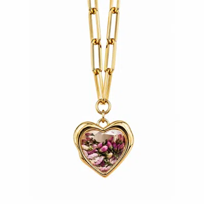 My Little Nature Women's Gold / Pink Heart Shape Necklace With Flowers In Gold/pink