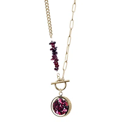 My Little Nature Women's Gold / Red Garnet Necklace With Beaded Gold Plated Chain And Charm - Toggle Necklace - Birth