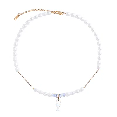 My Little Nature Women's Gold / White Freshwater Pearls Necklace With Sardine Lucky Fish Charm Austrian Glass Cubes A In Multi