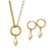 My Little Nature Women's Gold / White Gold Plated Pearl Necklace And Earrings Set – Handmade Freshwater Pearl Jewelry In Gold