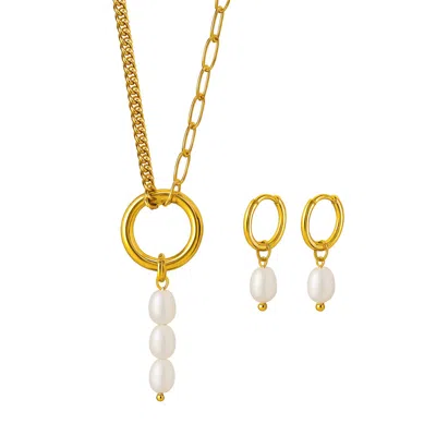 My Little Nature Women's Gold / White Gold Plated Pearl Necklace And Earrings Set – Handmade Freshwater Pearl Jewelry