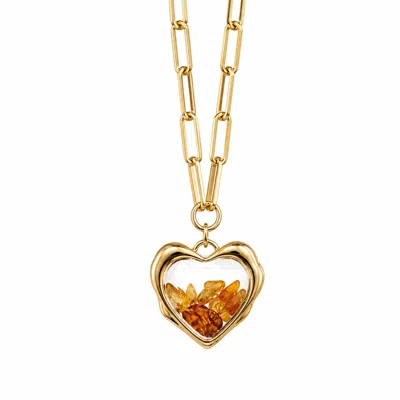 My Little Nature Women's Orange / Gold Golden Heart Pendant With Natural Amber In Orange/gold