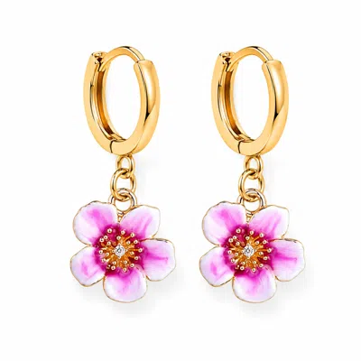 My Little Nature Women's Pink / Gold Plumeria Flower Hoop Earrings Gold Plated Floral Earrings In Multi