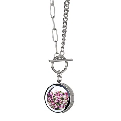 My Little Nature Women's Pink / Silver Real Scottish Heather Necklace With Stainless Steel Toggle Chain In Multi