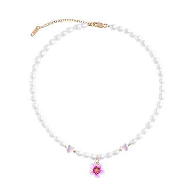My Little Nature Women's Pink / White Plumeria Flower And Glass Hearts Handmade Freshwater Pearl Necklace
