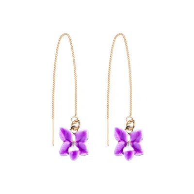 My Little Nature Women's Purple / Gold Threader Earrings – Pull-through Dangling Earrings With Orchid Flower In Multi