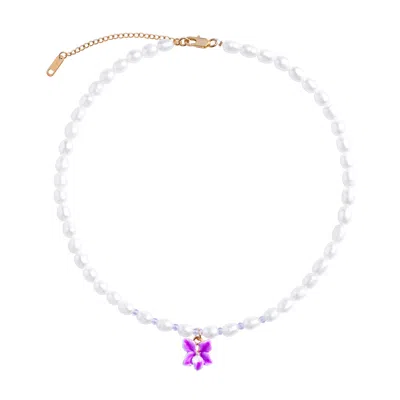My Little Nature Women's Purple / White Handmade Freshwater Pearls Necklace With Pink Orchid Flower Charm And Glass B In Multi