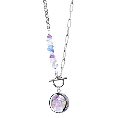 My Little Nature Women's Silver Fluorite Necklace With Beaded Chain And Charm - Toggle Necklace - Birthstone Necklace