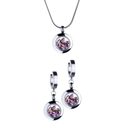 My Little Nature Women's Silver / Gold Handcrafted Designer  Jewelry Gift Set With Heather Flowers -  Floral  Jewelry In Multi