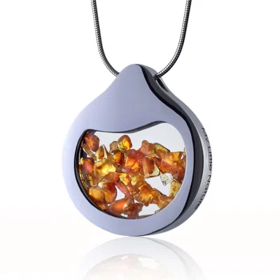 My Little Nature Women's Silver / Orange Amber Necklace - Natural Genuine Amber Pendant In Stainless Steel, Timeless  In Multi