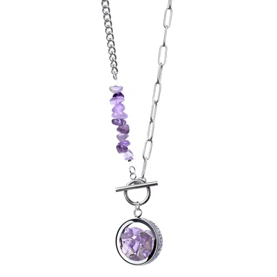My Little Nature Women's Silver / Pink / Purple Amethyst Necklace With Beaded Amethyst Chain Charm And Toggle Clasp –