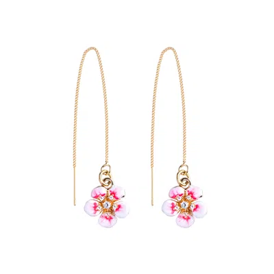 My Little Nature Women's Threader Earrings – Pull-through Dangling Earrings With Pink Flower Charms