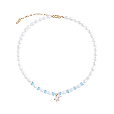 My Little Nature Women's White / Blue Natural Freshwater Pearls Necklace With Austrian Glass Beads And Flower Charm