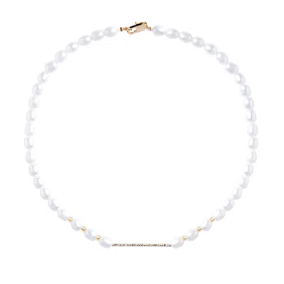 My Little Nature Women's White / Gold Cultured Freshwater Pearls Necklace With Real Gold Plated Tube Detail Handmade  In Multi