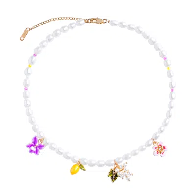 My Little Nature Women's White / Gold Flower Charms Beaded Necklace With Freshwater Natural Pearls - Lemon Necklace In Multi