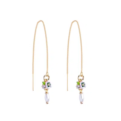 My Little Nature Women's White / Gold Gold Plated Threader Earringswwith Pink Delicate Flower And Pearl In Multi
