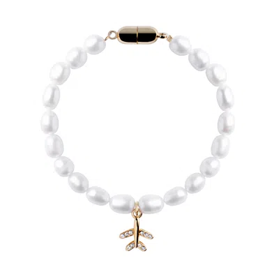 My Little Nature Women's White / Gold Handmade Cultured Freshwater Pearls Bracelet With Plane Charm And Magnetic Clas In Multi