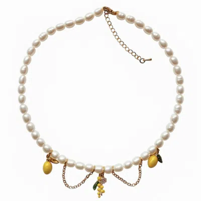 My Little Nature Women's White Natural Freshwater Pearls Necklce With Lemon Charms - Long Pearls Necklace