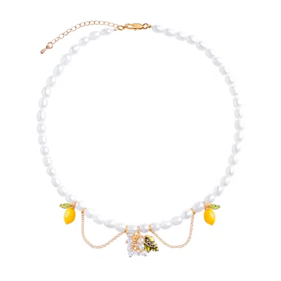 My Little Nature Women's White / Yellow Handmade Pearl Necklace With Lemon And Flower Charms - Lemon Theme Wedding Ac In Multi