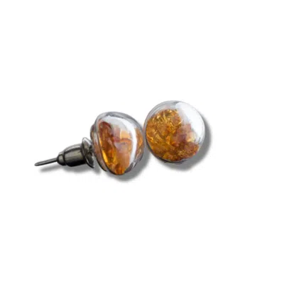 My Little Nature Women's Yellow / Orange Glass Stud Earrings With Natural Amber Stones - Love Charm In Brown
