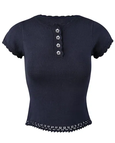 My Mum Made It Lace Knit Button Top In Navy
