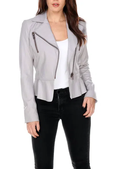 My Tribe Leather Perfecto With Ruffle Jacket In Mastic In Grey