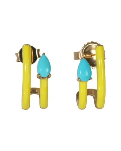Mygemma Gold 1.08 Ct. Tw. Turquoise Tan Enamel J Hoop Earrings (authentic Pre-  Loved) In Multi