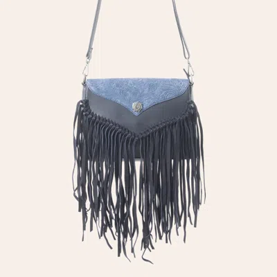 Myra Bag Wild West Denim Floral Tooled Leather Fringe Crossbody Bag In Blue