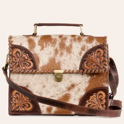 Myra Brown & White Hair On Hide Tooled Envelope Crossbody Bag