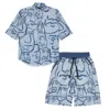 MYSIMPLICATED MEN'S BLUE SHORT SLEEVE SHIRT AND BERMUDA SET WITH FACES DESIGN - RECYCLED FABRIC