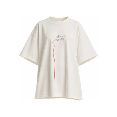 Mysimplicated Women's Neutrals Oversized Ivory T-shirt With Miau Miau Design W In White