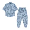 Mysimplicated Women's Short Sleeve Shirt And Trousers Set In Blue With Faces Design - Recycled Fabric W In Blue
