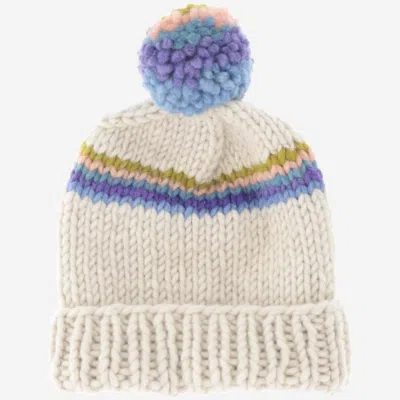 Myssy Sompa Wool With Striped Pom Beanie In White