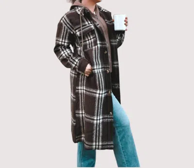 Mystery Hoodie Long Plaid Jacket In Chocolate In Gold