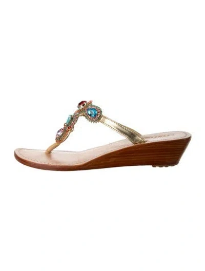 Pre-owned Mystique Leather Crystal Embellishments Flip Flops In Blue/gold