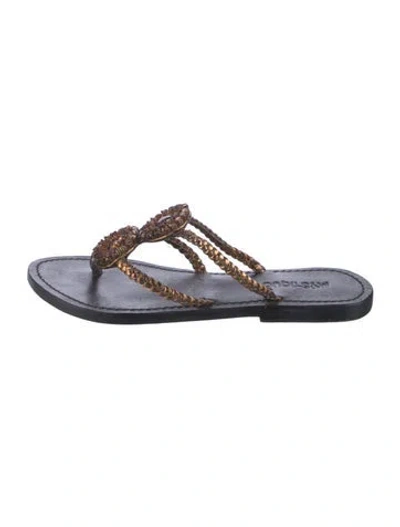 Pre-owned Mystique Leather Crystal Embellishments Flip Flops In Brown