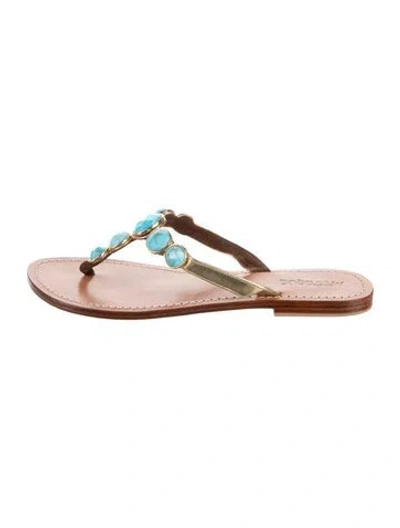 Pre-owned Mystique Leather Crystal Embellishments Flip Flops In Gold/metallic