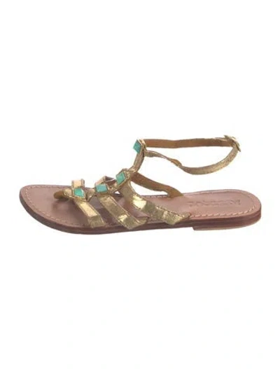 Pre-owned Mystique Leather Crystal Embellishments Gladiator Sandals In Gold
