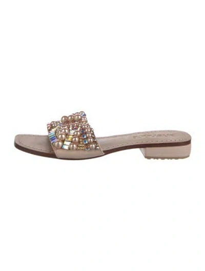 Pre-owned Mystique Leather Crystal Embellishments Slides In Neutral