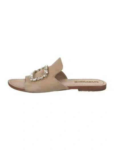 Pre-owned Mystique Leather Crystal Embellishments Slides In Neutrals