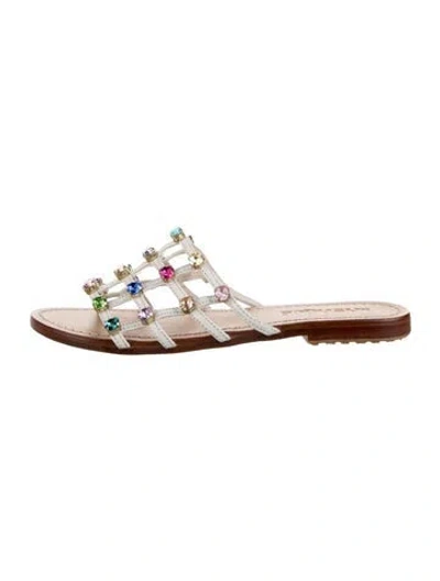 Pre-owned Mystique Leather Crystal Embellishments Slides In White